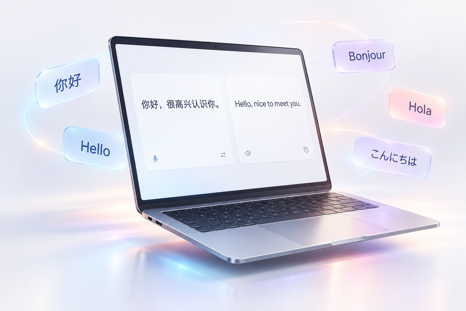 文字与多语种翻译功能示意：电脑显示中英译文，多种语言的问候环绕屏幕